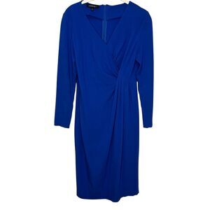 Lafayette 148 New York Dress Small Blue Ruched Sheath Long Sleeve V Neck